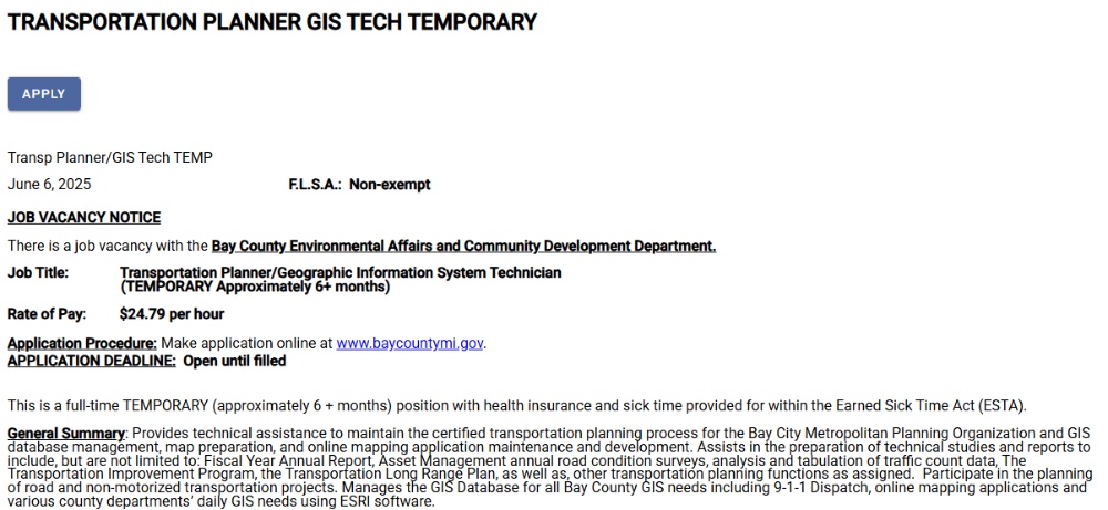 TRANSPORTATION PLANNER GIS TECH TEMPORARY